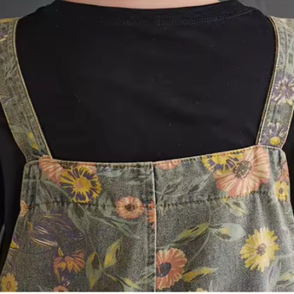 Women Print Floral Denim Overalls Casual Loose Size M Jumpsuit Wide Leg Pants - Picture 9 of 15